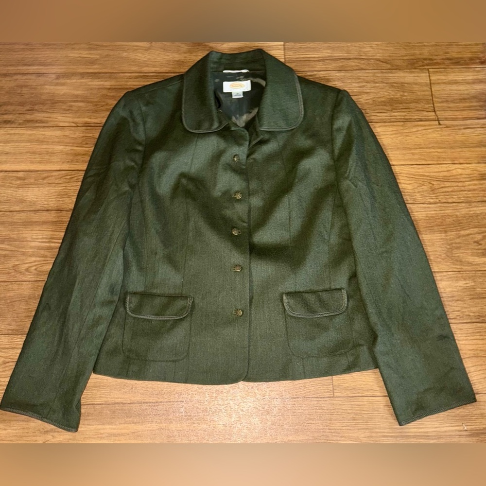 Talbots 12 Blazer Jacket Wool Brass Button Prairie Vintage Green Collared Womens
